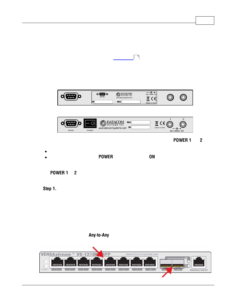 Hardware installation, Power, Any-to-any connection | 5hardware installation, 1 power, 2 any-to-any connection | Datacom Systems VS-1200 User Manual | Page 43 / 54