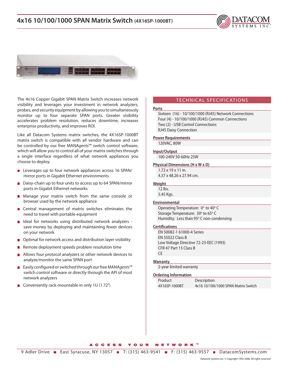 Datacom Systems 4X16SP-1000BT User Manual | 1 page