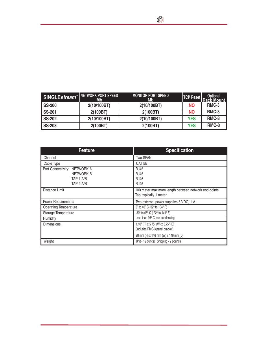 Ss-200 specifications, Datacom systems inc, Single stream | Datacom Systems SS series SPAN User Manual | Page 10 / 44