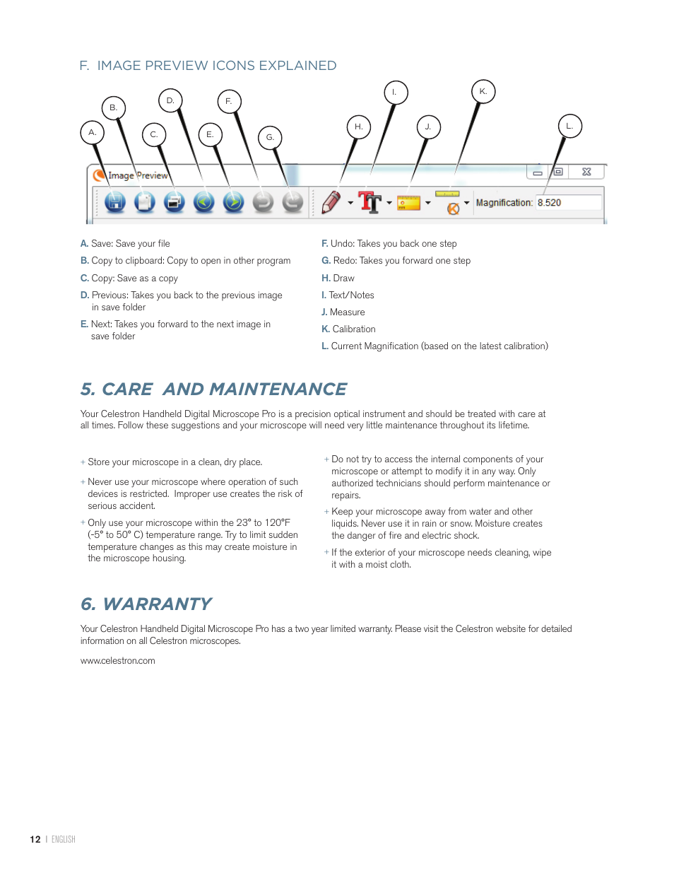 Care and maintenance, Warranty, F. image preview icons explained | Celestron Handheld Digital Microscope Pro (Gray) User Manual | Page 12 / 65