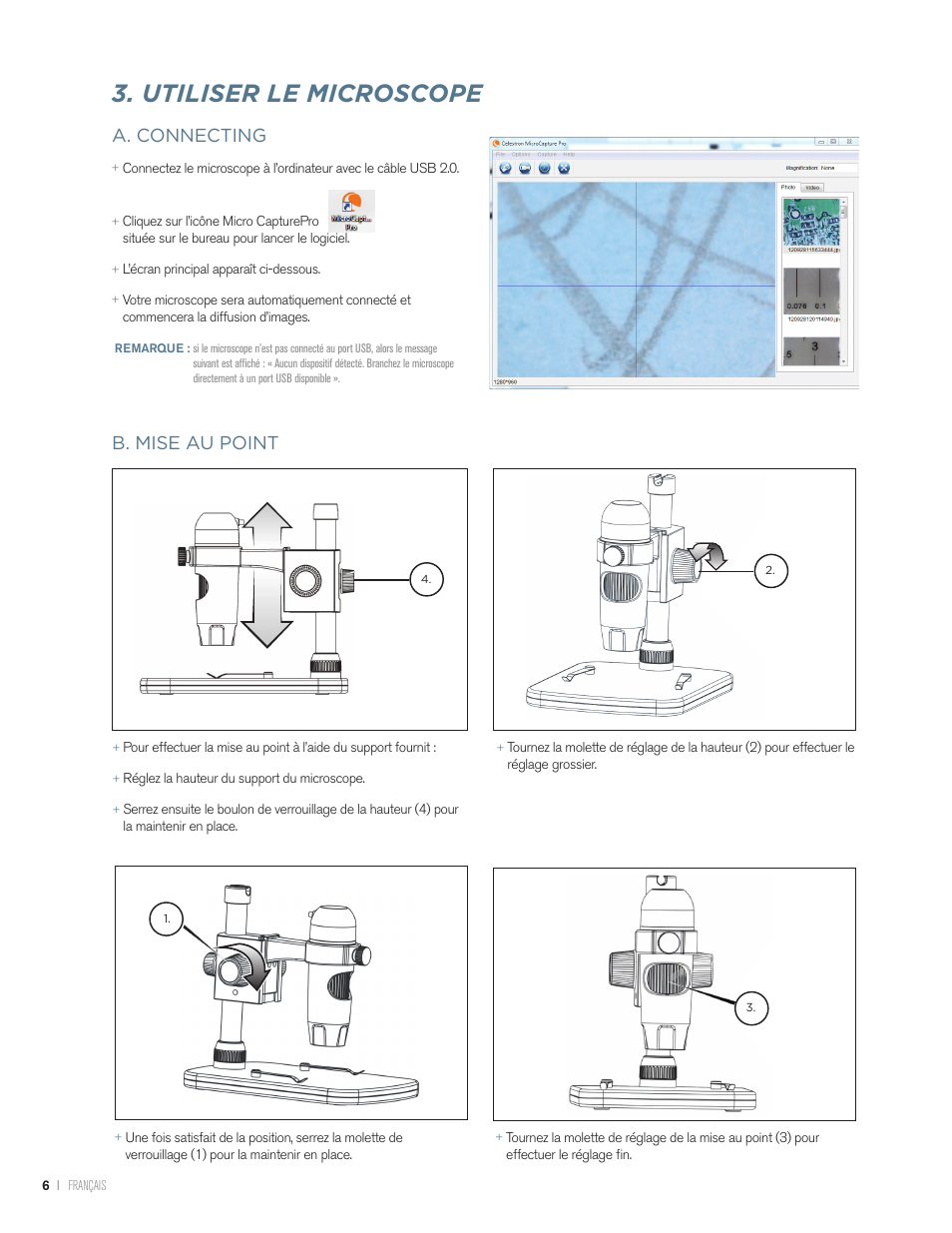 Utiliser le microscope 2, A. connecting, B. mise au point | Celestron Handheld Digital Microscope Pro (Gray) User Manual | Page 19 / 65