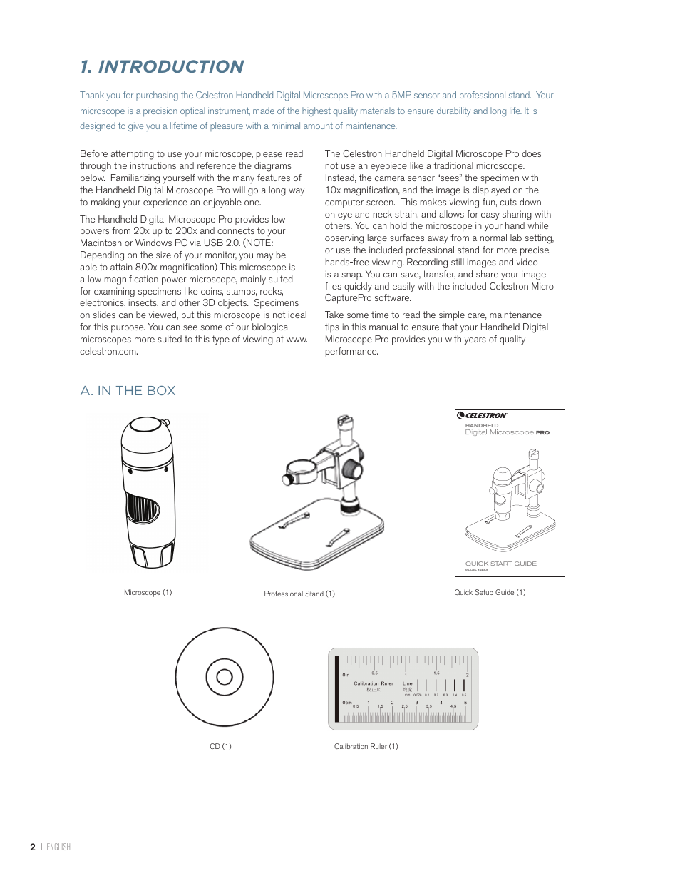 Introduction, A. in the box | Celestron Handheld Digital Microscope Pro (Gray) User Manual | Page 2 / 65