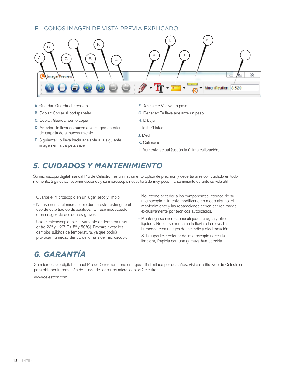 Cuidados y mantenimiento, Garantía, F. iconos imagen de vista previa explicado | Celestron Handheld Digital Microscope Pro (Gray) User Manual | Page 38 / 65