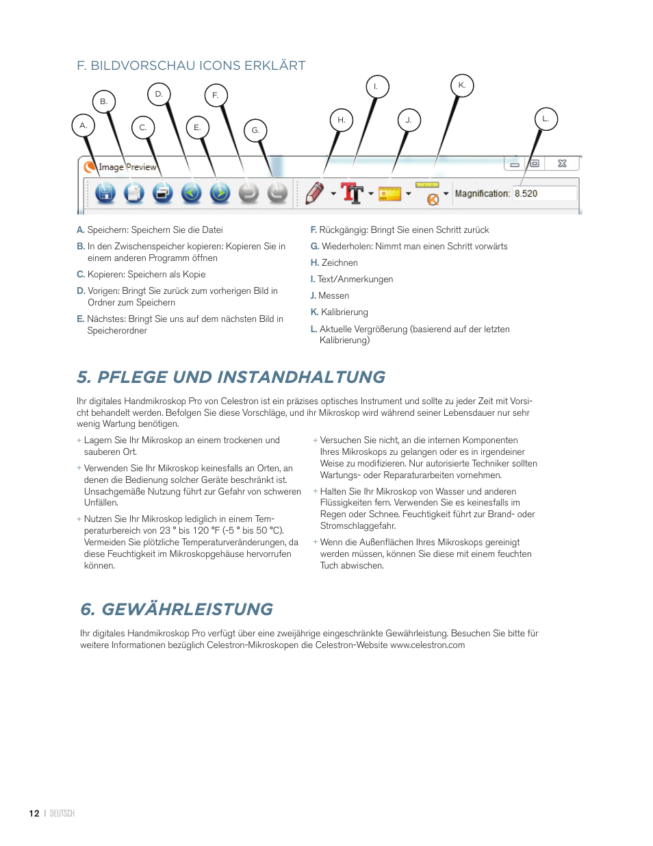 Pflege und instandhaltung, Gewährleistung, F. bildvorschau icons erklärt | Celestron Handheld Digital Microscope Pro (Gray) User Manual | Page 51 / 65