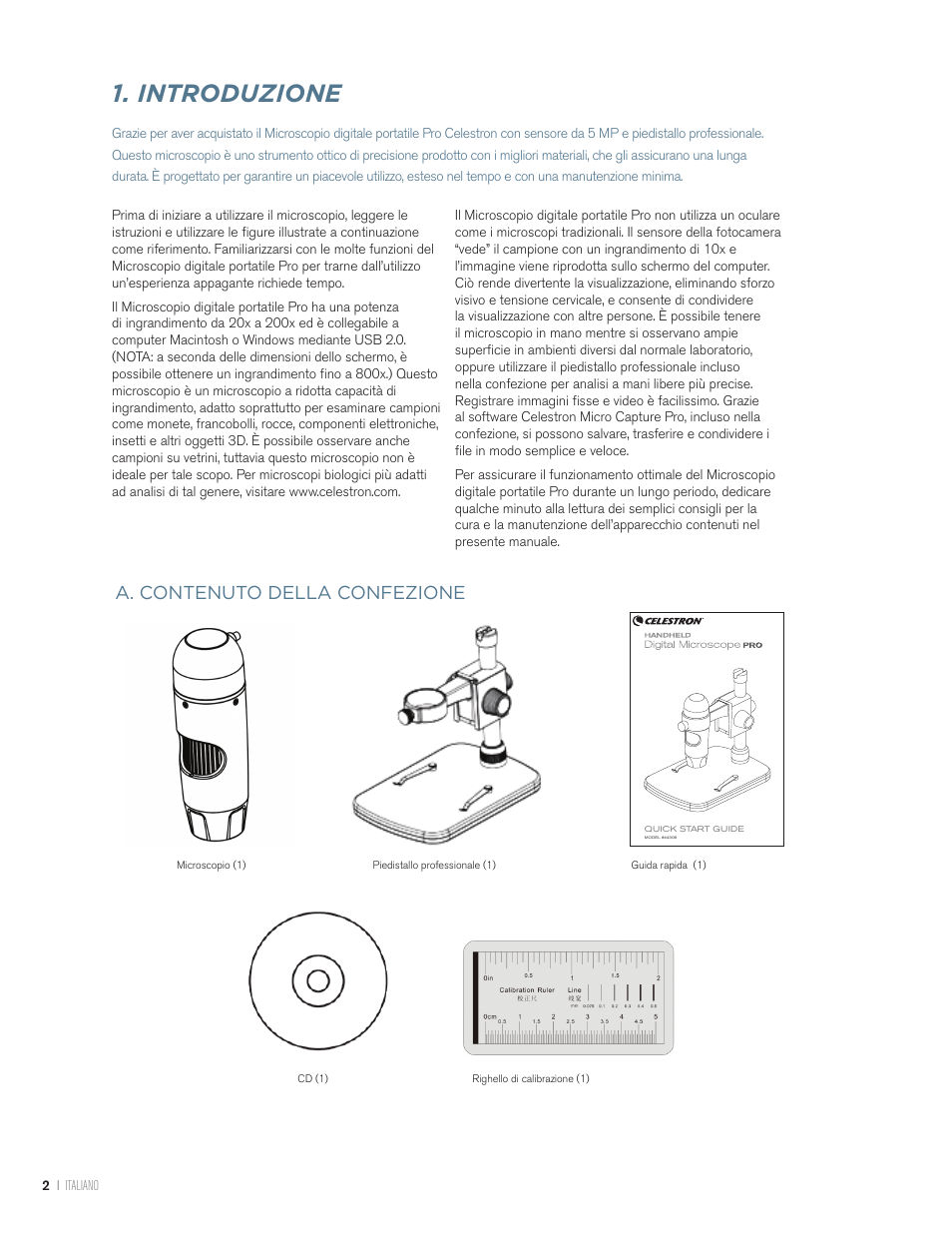 Introduzione, A. contenuto della confezione | Celestron Handheld Digital Microscope Pro (Gray) User Manual | Page 54 / 65