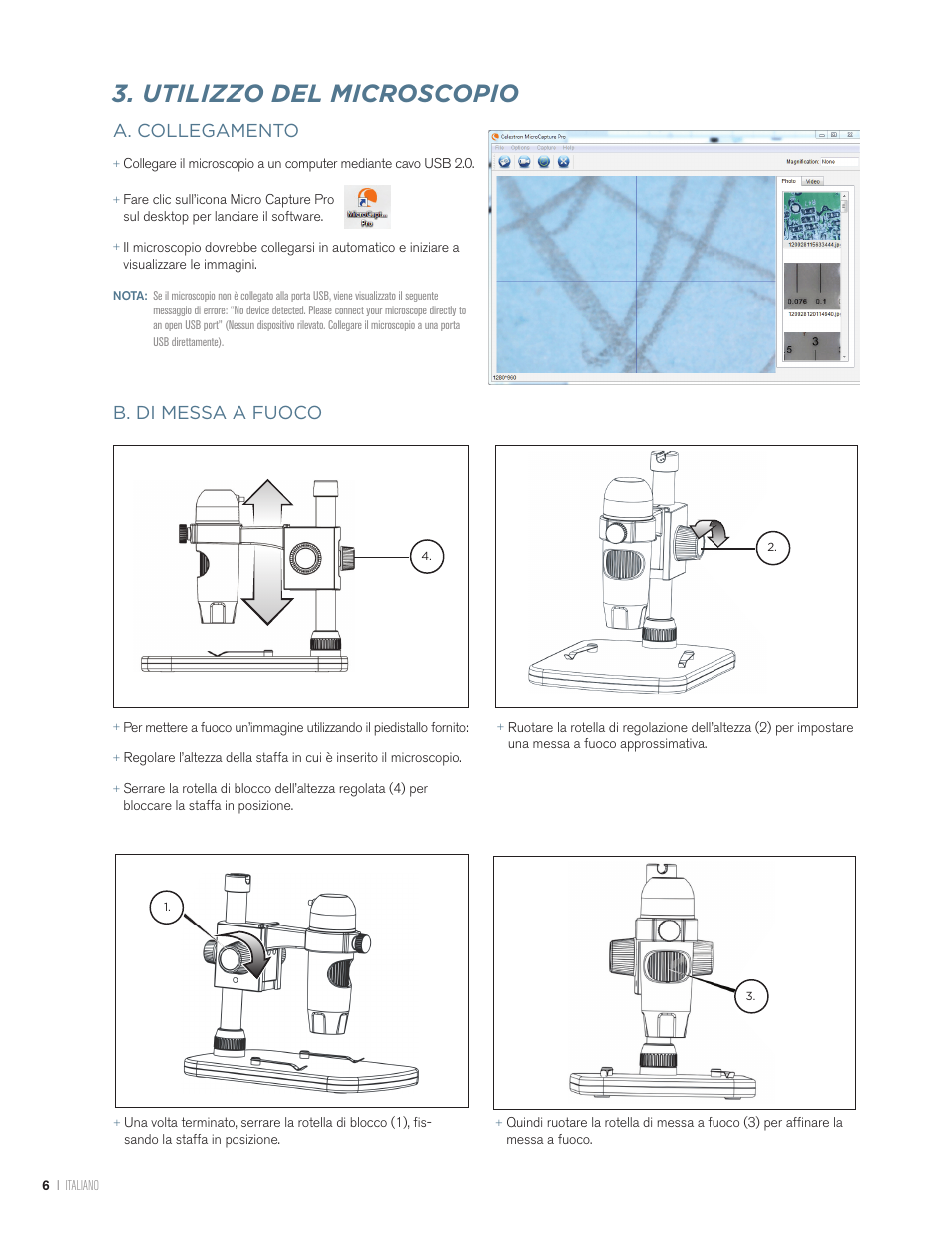 Utilizzo del microscopio, A. collegamento, B. di messa a fuoco | Celestron Handheld Digital Microscope Pro (Gray) User Manual | Page 58 / 65