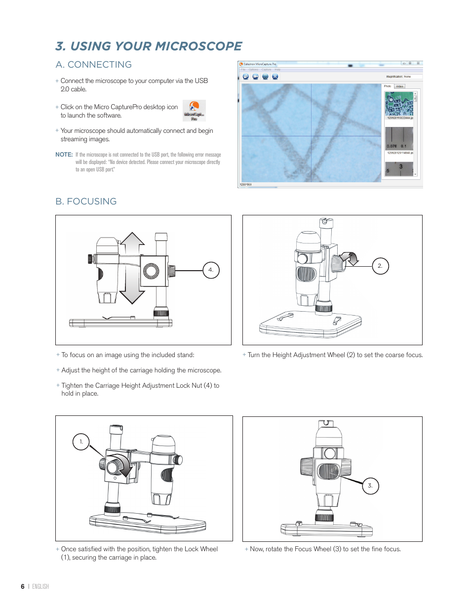 Using your microscope, A. connecting, B. focusing | Celestron Handheld Digital Microscope Pro (Gray) User Manual | Page 6 / 65