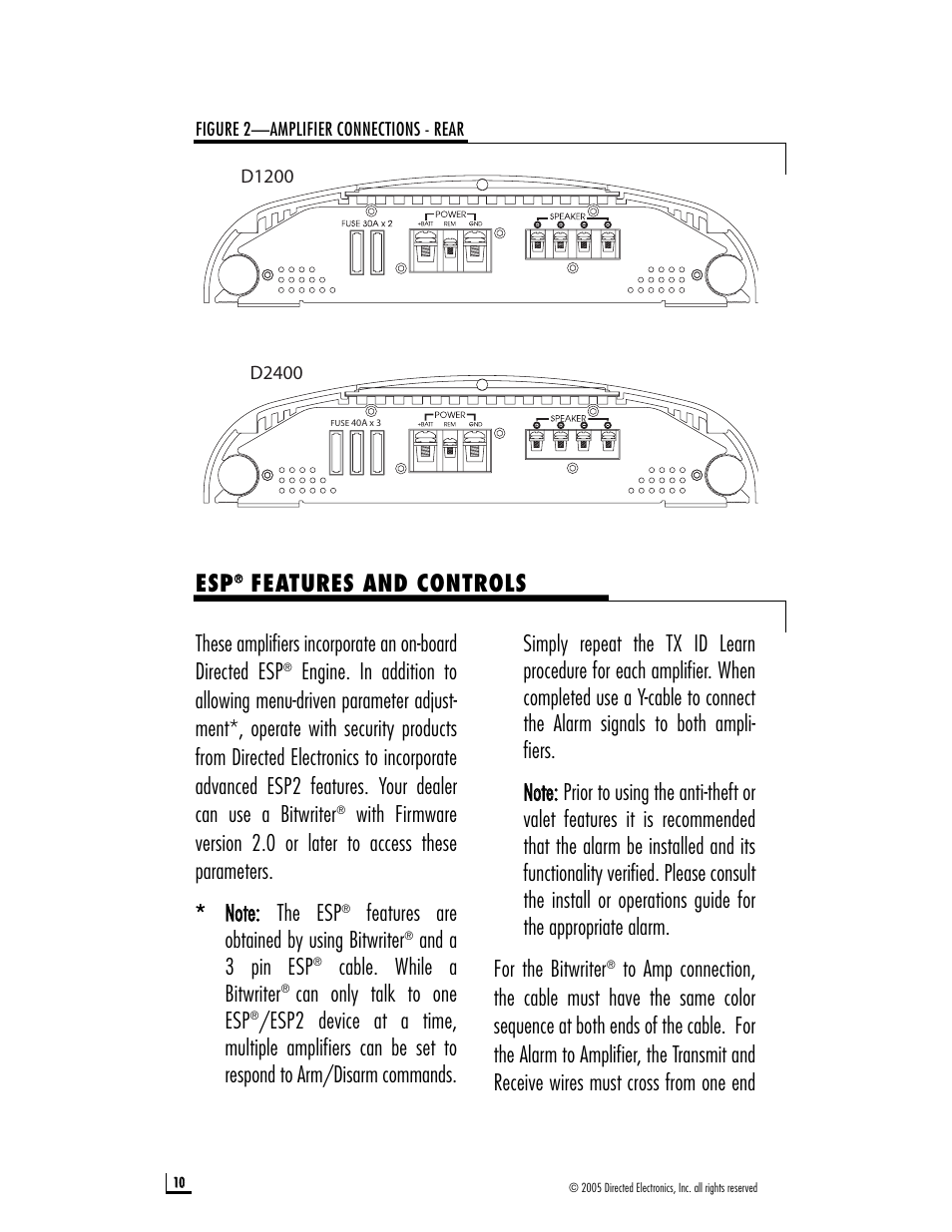 Features and controls, Features are obtained by using bitwriter, And a 3 pin esp | Cable. while a bitwriter, Can only talk to one esp | Directed Audio D1200 User Manual | Page 10 / 26