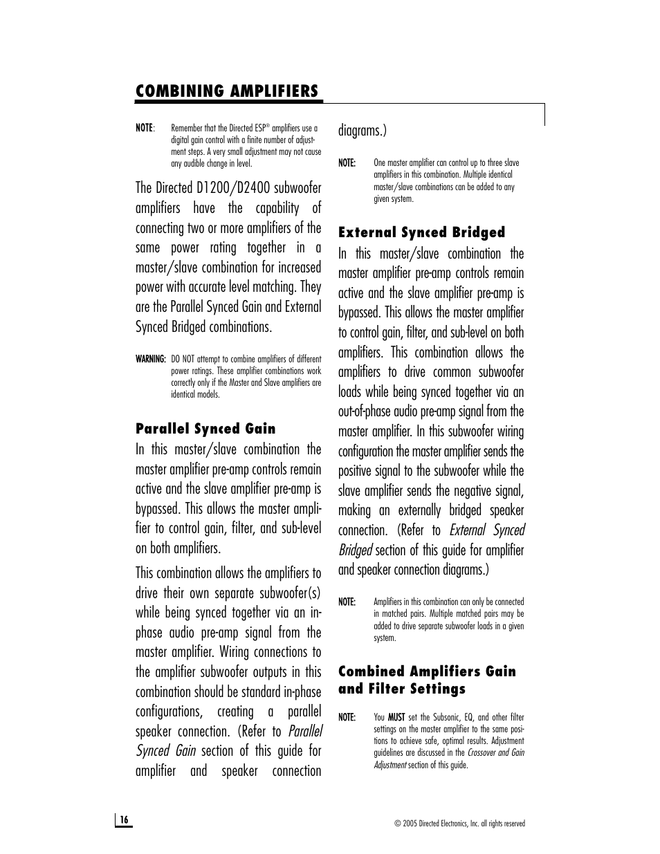 Combining amplifiers, Parallel synced gain, External synced bridged | Combined amplifiers gain and filter settings | Directed Audio D1200 User Manual | Page 16 / 26