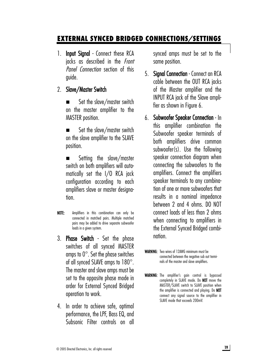 External synced bridged connections/settings | Directed Audio D1200 User Manual | Page 19 / 26