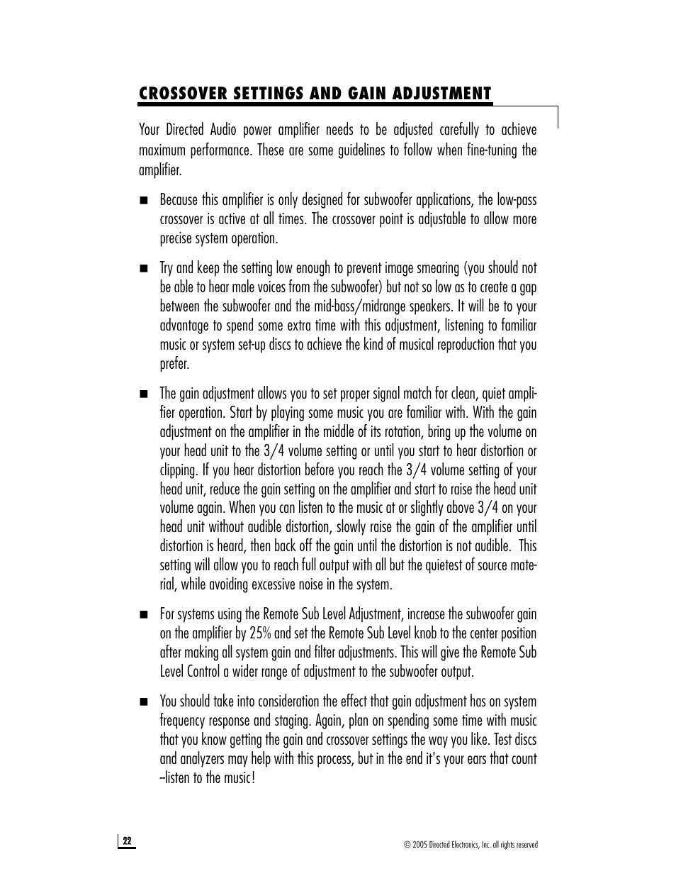 Crossover settings and gain adjustment | Directed Audio D1200 User Manual | Page 22 / 26