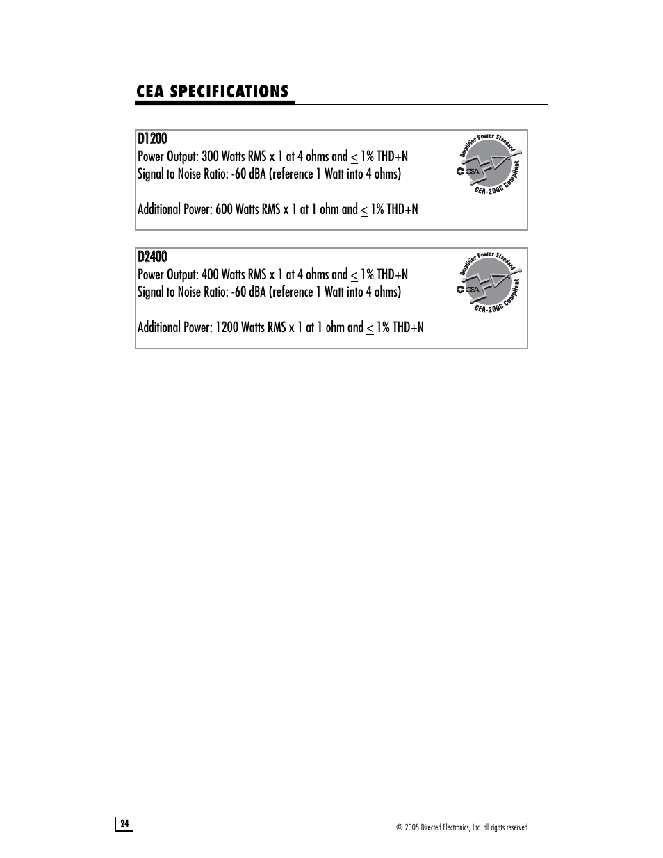 Cea specifications | Directed Audio D1200 User Manual | Page 24 / 26