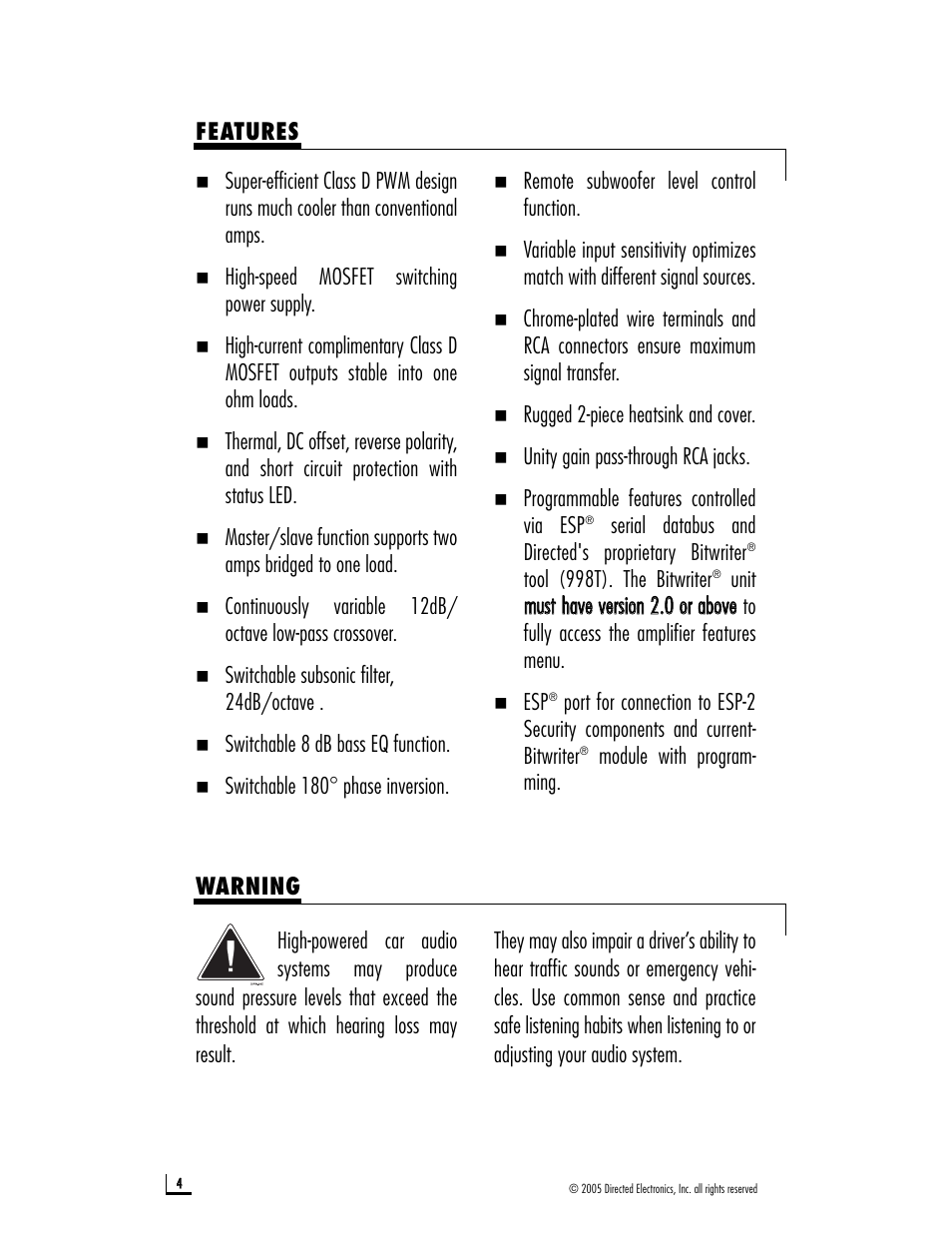 Warning features | Directed Audio D1200 User Manual | Page 4 / 26