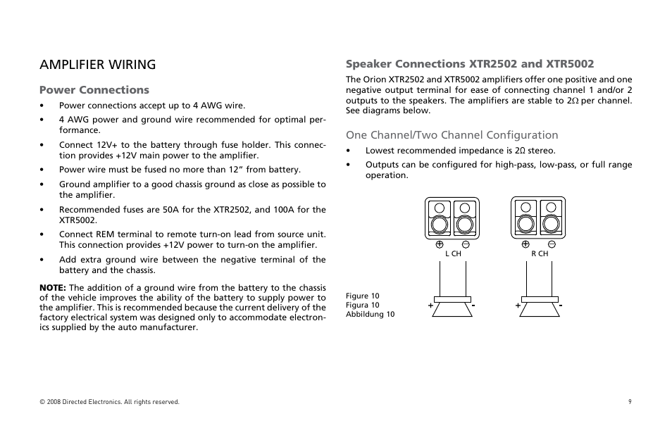 Amplifier wiring, Power connections, One channel/two channel configuration | Directed Audio XTR5002 User Manual | Page 10 / 100