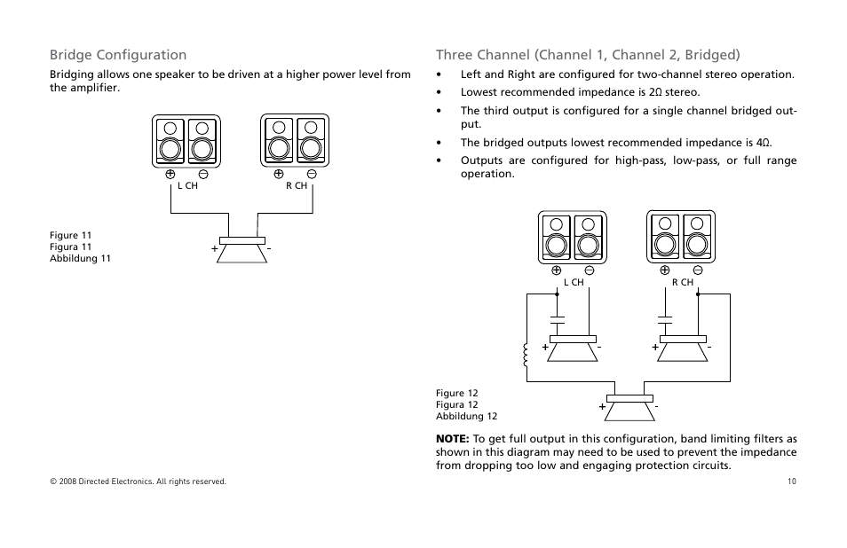 Bridge configuration, Three channel (channel 1, channel 2, bridged) | Directed Audio XTR5002 User Manual | Page 11 / 100