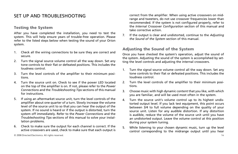 Set up and troubleshooting, Testing the system, Adjusting the sound of the system | Directed Audio XTR5002 User Manual | Page 15 / 100