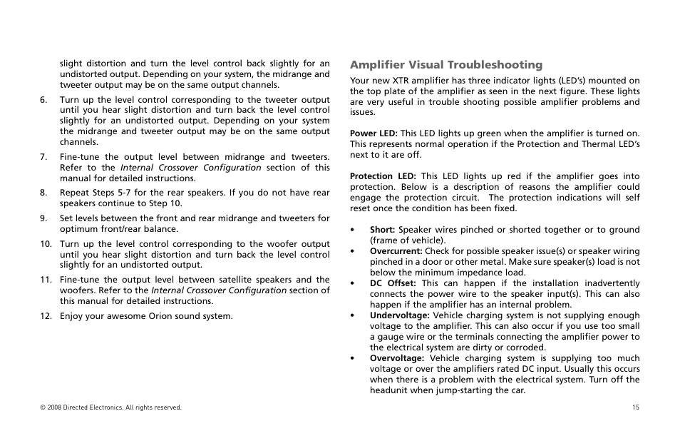 Amplifier visual troubleshooting | Directed Audio XTR5002 User Manual | Page 16 / 100