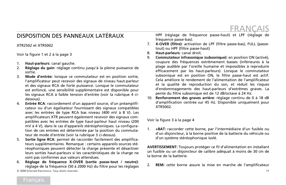 Français, Disposition des panneaux latéraux | Directed Audio XTR5002 User Manual | Page 20 / 100