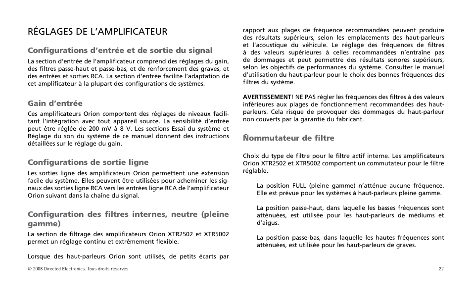 Réglages de l’amplificateur | Directed Audio XTR5002 User Manual | Page 23 / 100