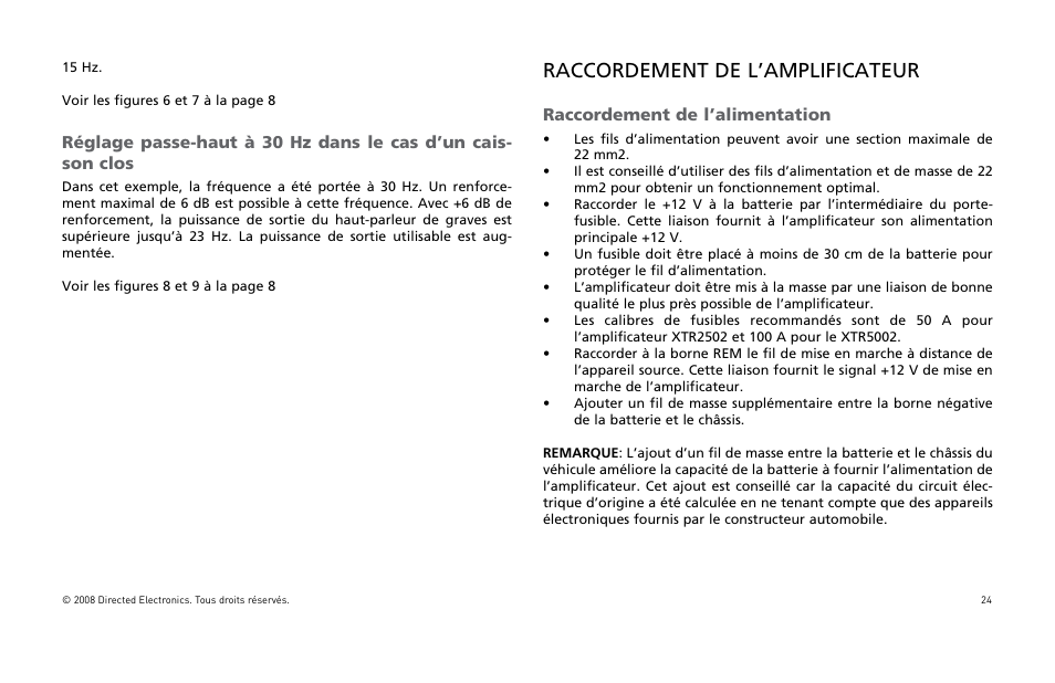 Raccordement de l’amplificateur, Raccordement de l’alimentation | Directed Audio XTR5002 User Manual | Page 25 / 100