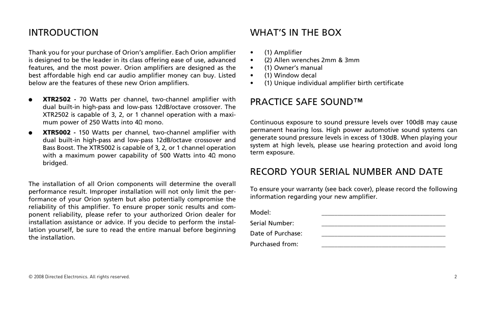 Introduction, What’s in the box, Practice safe sound | Record your serial number and date | Directed Audio XTR5002 User Manual | Page 3 / 100