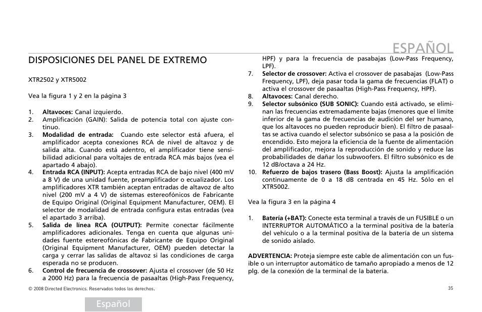 Español, Disposiciones del panel de extremo | Directed Audio XTR5002 User Manual | Page 36 / 100