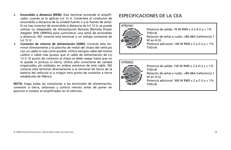 Especificaciones de la cea | Directed Audio XTR5002 User Manual | Page 37 / 100