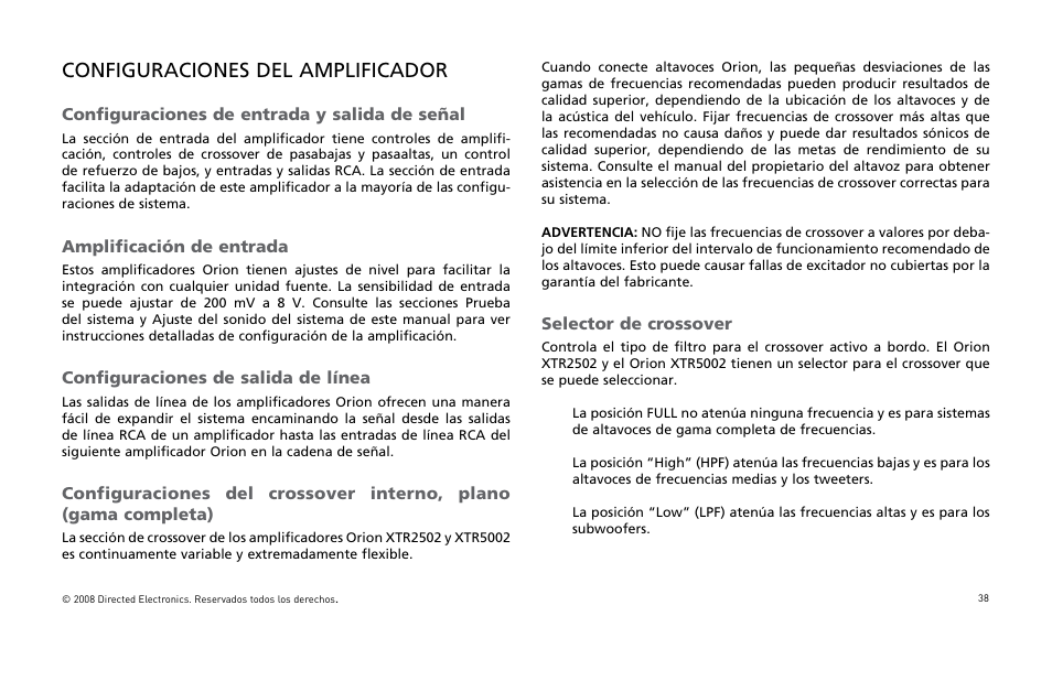 Configuraciones del amplificador | Directed Audio XTR5002 User Manual | Page 39 / 100