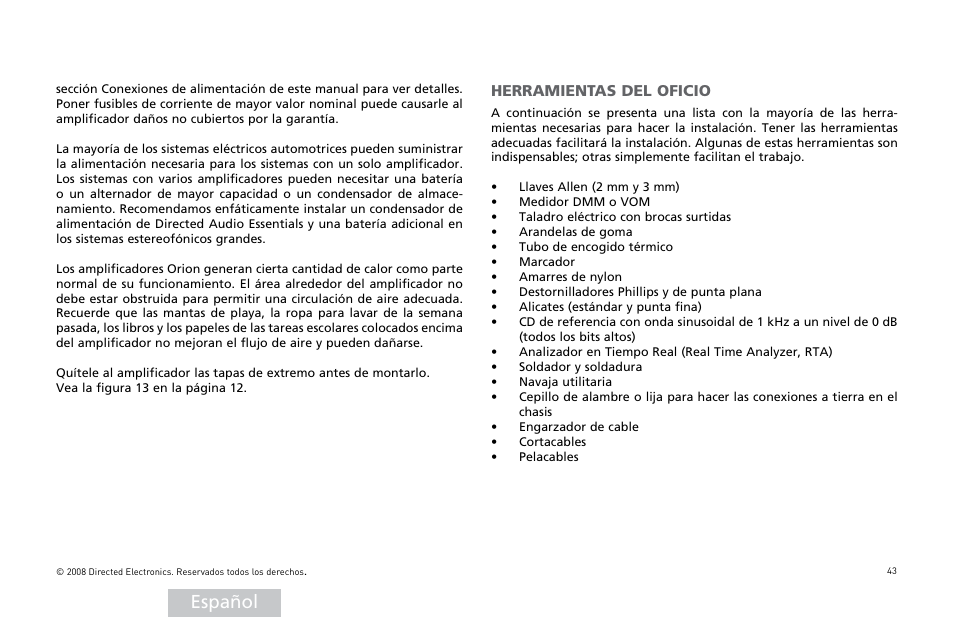 Español, Herramientas del oficio | Directed Audio XTR5002 User Manual | Page 44 / 100