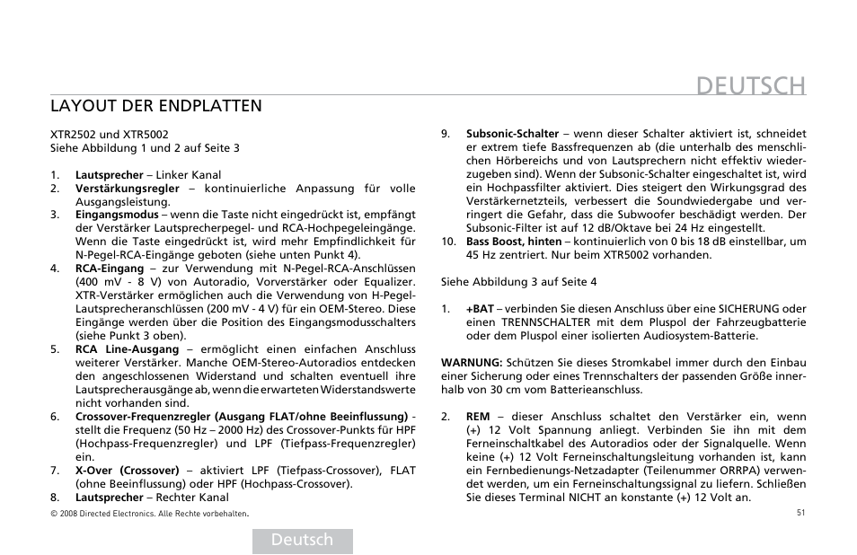 Deutsch, Deutsch layout der endplatten | Directed Audio XTR5002 User Manual | Page 52 / 100