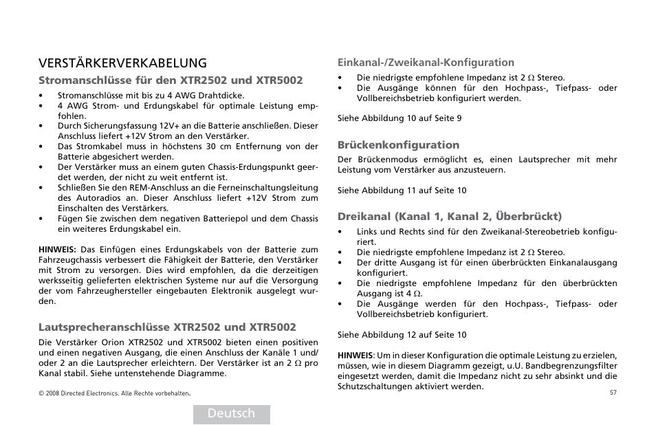 Deutsch verstärkerverkabelung, Einkanal-/zweikanal-konfiguration, Brückenkonfiguration | Dreikanal (kanal 1, kanal 2, überbrückt) | Directed Audio XTR5002 User Manual | Page 58 / 100