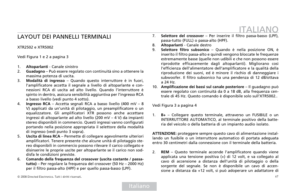 Italiano, Layout dei pannelli terminali | Directed Audio XTR5002 User Manual | Page 68 / 100