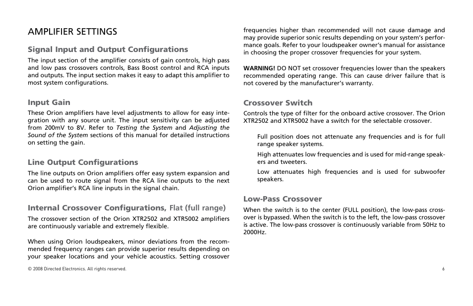 Amplifier settings | Directed Audio XTR5002 User Manual | Page 7 / 100
