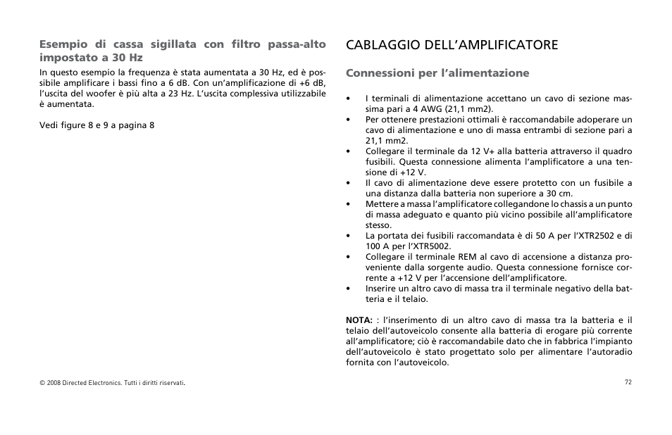 Cablaggio dell’amplificatore, Connessioni per l’alimentazione | Directed Audio XTR5002 User Manual | Page 73 / 100