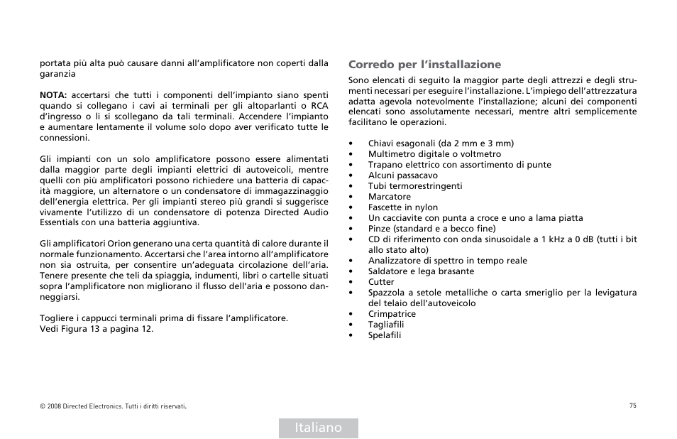Italiano, Corredo per l’installazione | Directed Audio XTR5002 User Manual | Page 76 / 100
