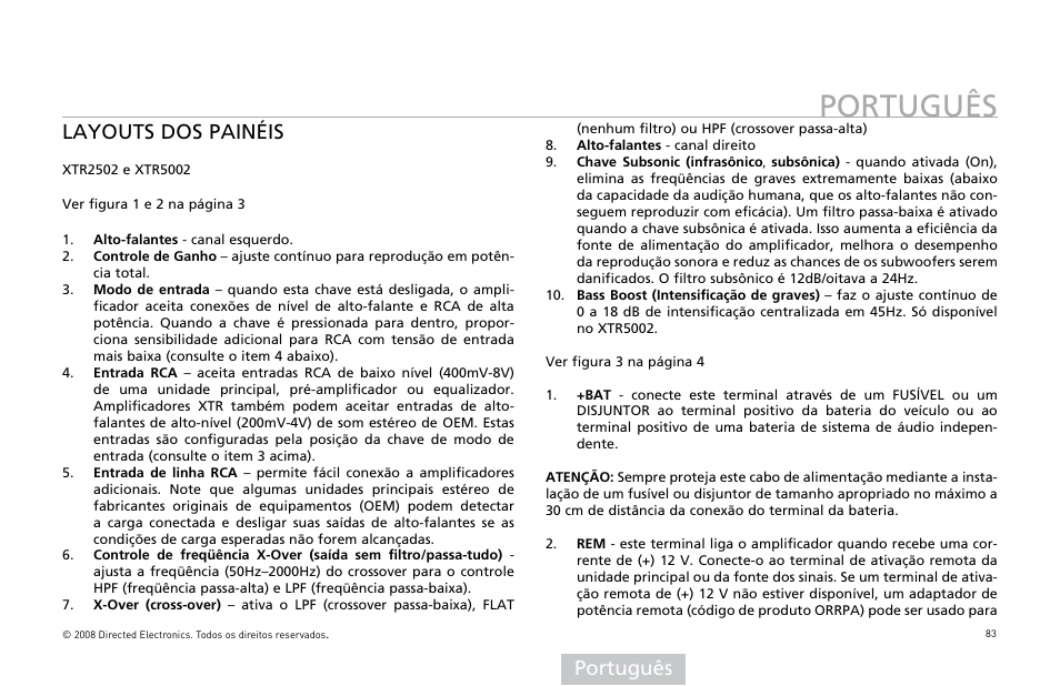 Português, Layouts dos painéis | Directed Audio XTR5002 User Manual | Page 84 / 100