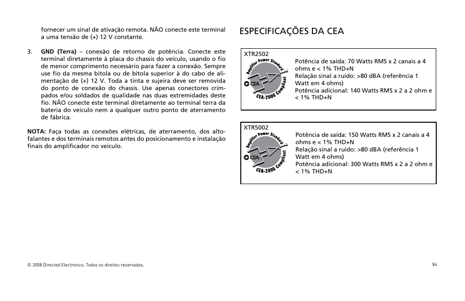 Especificações da cea | Directed Audio XTR5002 User Manual | Page 85 / 100