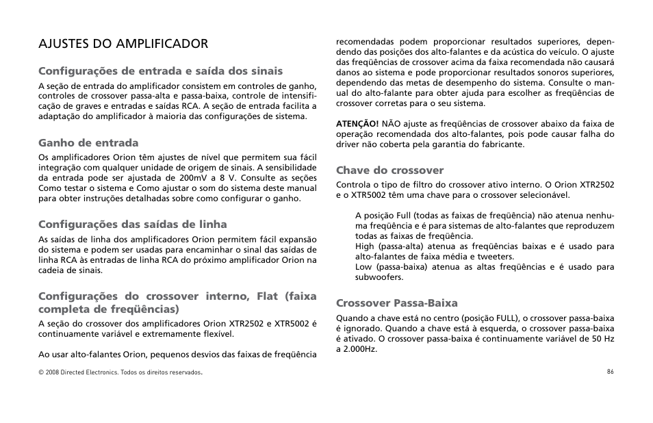Ajustes do amplificador | Directed Audio XTR5002 User Manual | Page 87 / 100