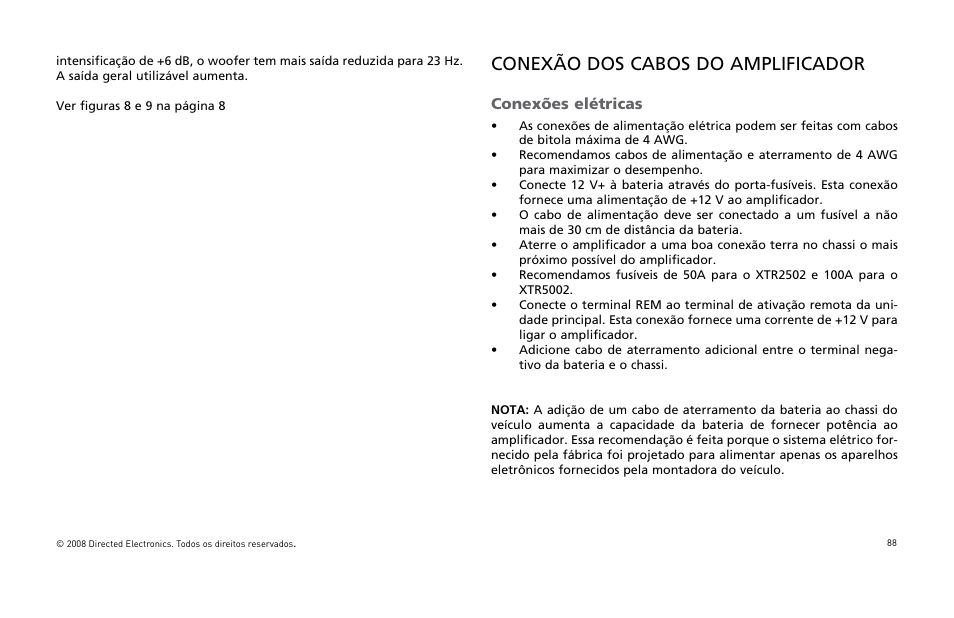 Conexão dos cabos do amplificador, Conexões elétricas | Directed Audio XTR5002 User Manual | Page 89 / 100