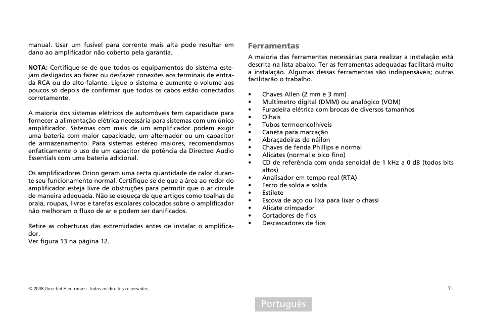Português, Ferramentas | Directed Audio XTR5002 User Manual | Page 92 / 100