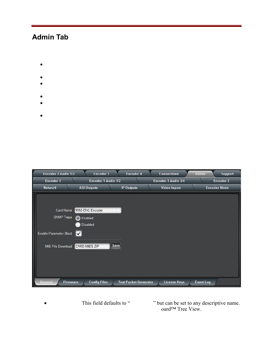 Admin tab, Admin general configuration tab | Cobalt Co9992-4ENC-4K-HEVC Software-Defined Broadcast Encoder User Manual | Page 102 / 135
