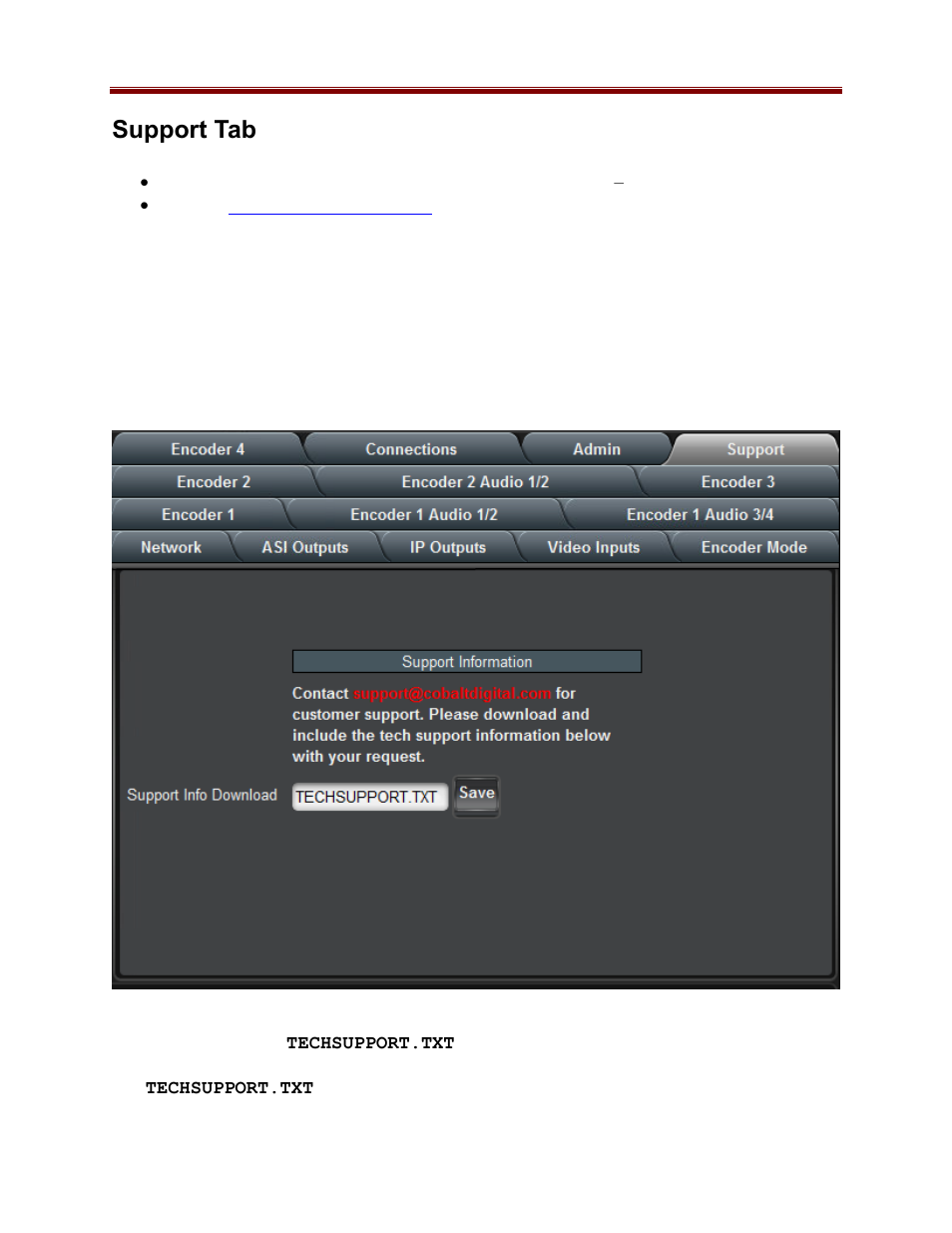 Support tab | Cobalt Co9992-4ENC-4K-HEVC Software-Defined Broadcast Encoder User Manual | Page 116 / 135