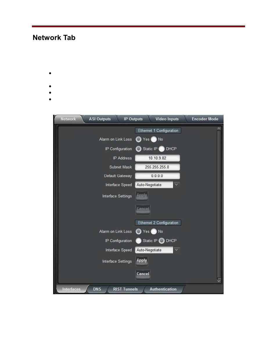 Network tab, Network configuration tab, Network configuration interfaces tab | Cobalt Co9992-4ENC-4K-HEVC Software-Defined Broadcast Encoder User Manual | Page 20 / 135