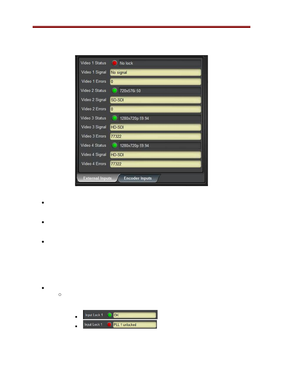 Video inputs statistics external inputs tab, Video inputs statistics encoder inputs tab | Cobalt Co9992-4ENC-4K-HEVC Software-Defined Broadcast Encoder User Manual | Page 35 / 135