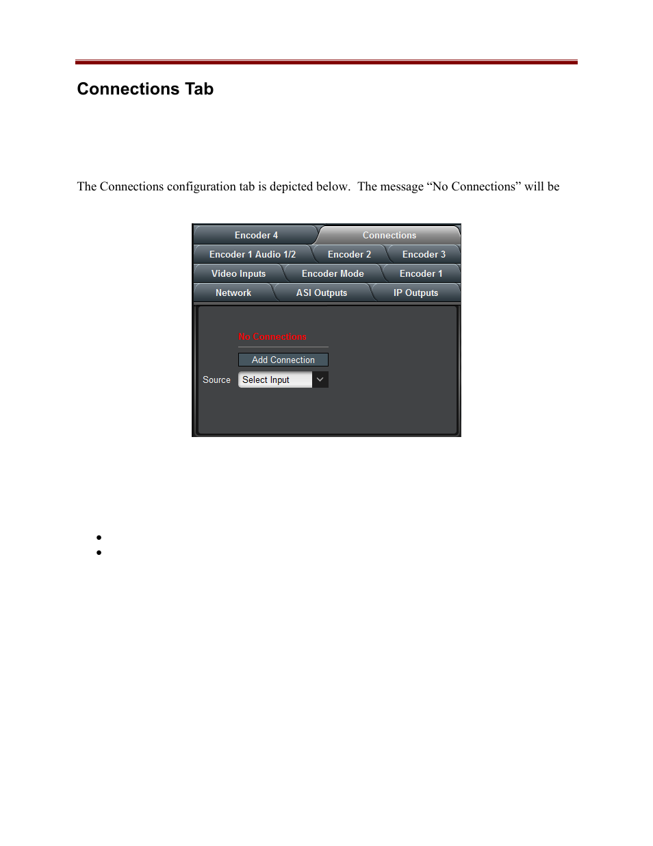 Connections tab, Connections configuration tab, Source selection | Cobalt Co9992-4ENC-4K-HEVC Software-Defined Broadcast Encoder User Manual | Page 96 / 135