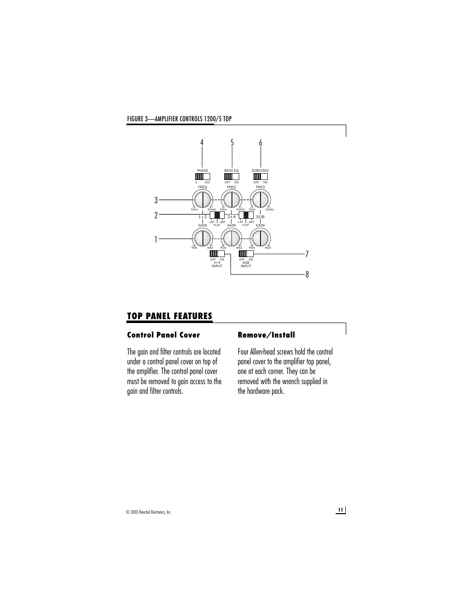 Control panel cover, Remove/install | Directed Audio model 1200/5 User Manual | Page 11 / 20