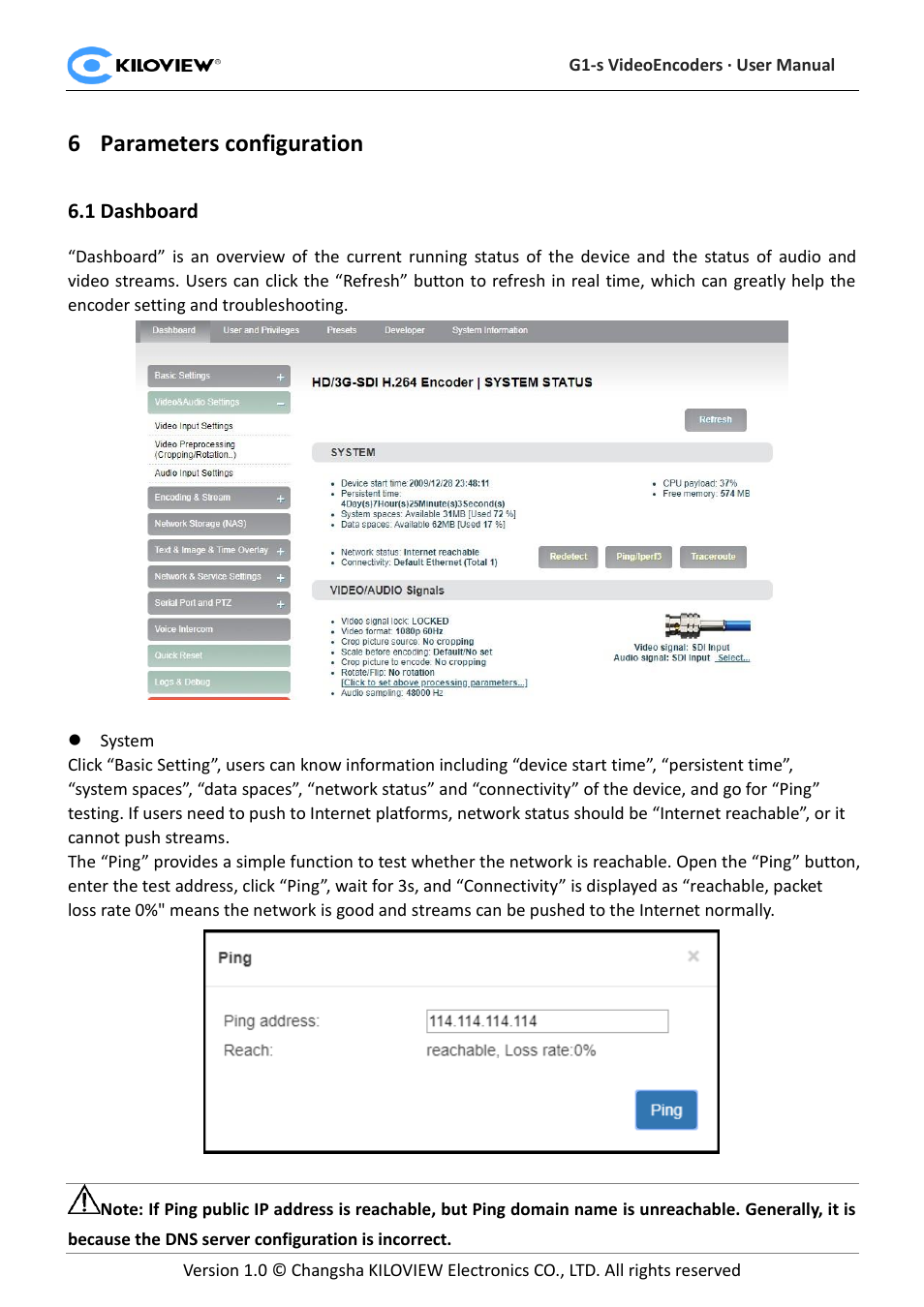 Parameters configuration, Ashboard, 6parameters configuration | Kiloview 3G-SDI to H.264 Wireless Video Encoder User Manual | Page 19 / 50