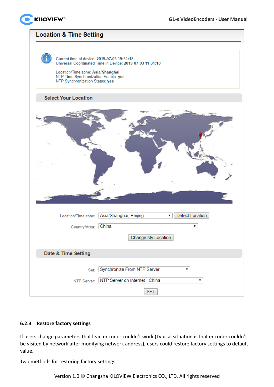 Restore factory settings | Kiloview 3G-SDI to H.264 Wireless Video Encoder User Manual | Page 21 / 50