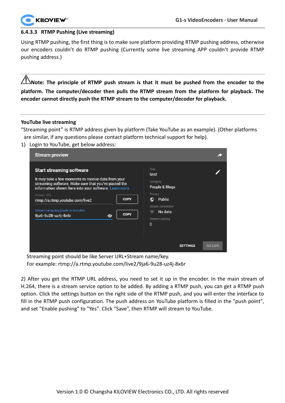 Rtmp pushing (live streaming) | Kiloview 3G-SDI to H.264 Wireless Video Encoder User Manual | Page 30 / 50