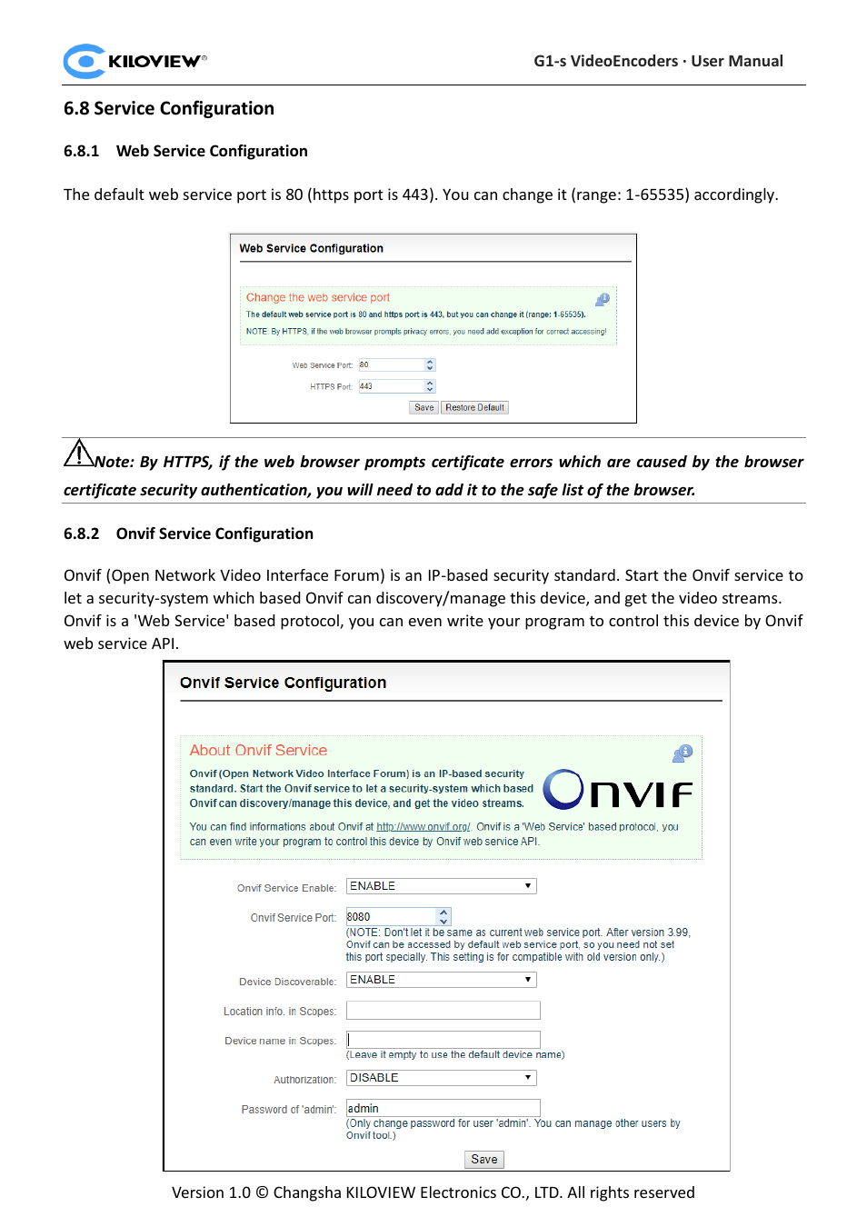 Ervice, Onfiguration, Web service configuration | Onvif service configuration | Kiloview 3G-SDI to H.264 Wireless Video Encoder User Manual | Page 45 / 50